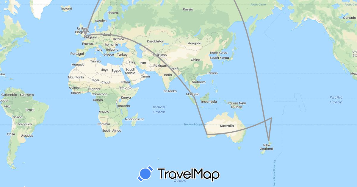 TravelMap itinerary: driving, plane in Australia, Fiji, United Kingdom, New Zealand, Singapore (Asia, Europe, Oceania)